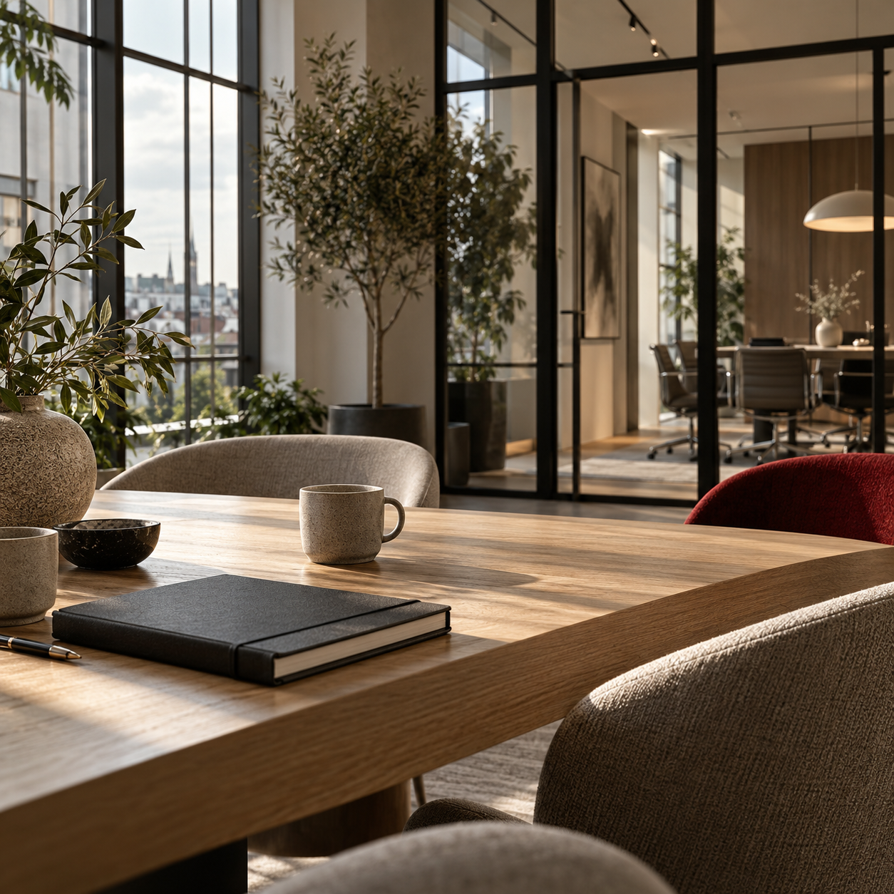 Illustrativ kontorsmiljö med en ljus och lugn mötesplats